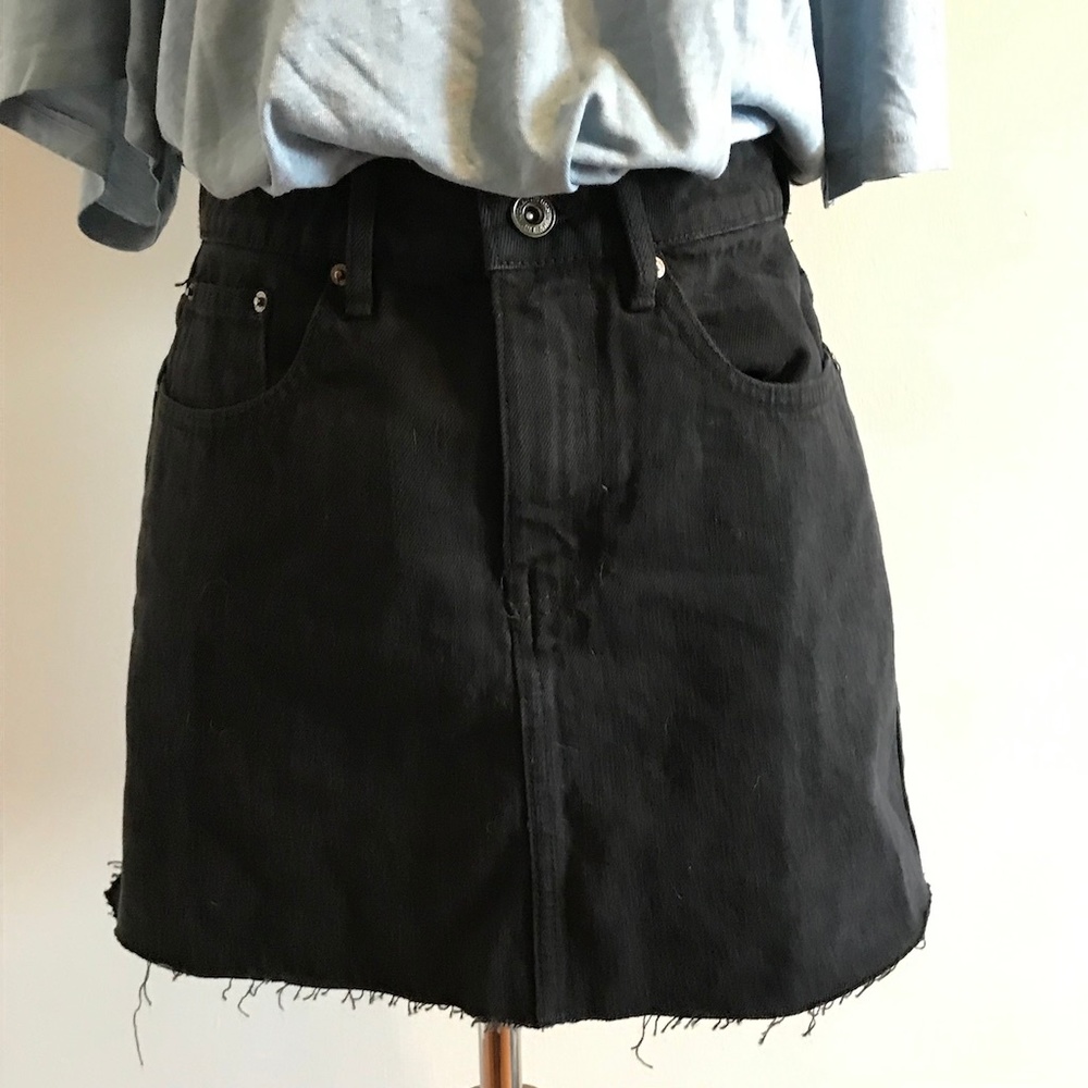 Trafaluc Rip Hem High Waisted Black Denim Skirt - Picture 2 of 8